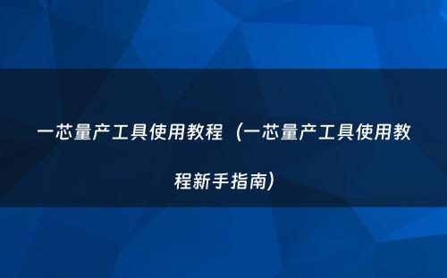 一芯量产工具使用教程（一芯量产工具使用教程新手指南）